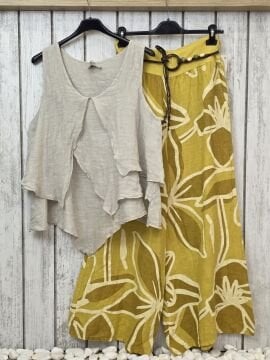 Önü Volan Parçalı Keten Atlet Bej