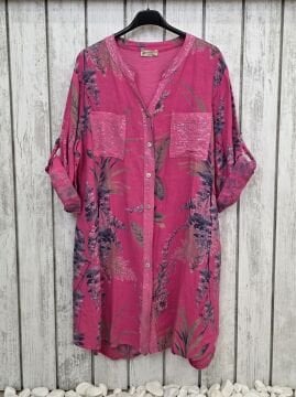 Desenli Keten Tunik Gömlek Elbise Pembe İtalyan