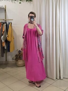 Desenli Keten Tunik Gömlek Elbise Pembe İtalyan