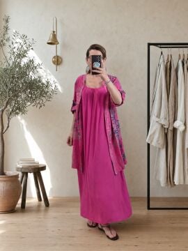 Desenli Keten Tunik Gömlek Elbise Pembe İtalyan