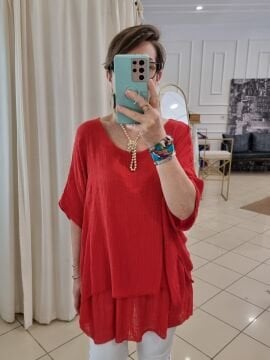 İncecik Pamuklu Oversize Kırmızı Bluz İtalyan