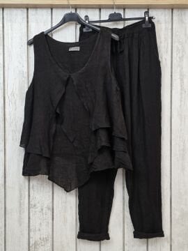 Önü Volan Parçalı Keten Atlet Siyah