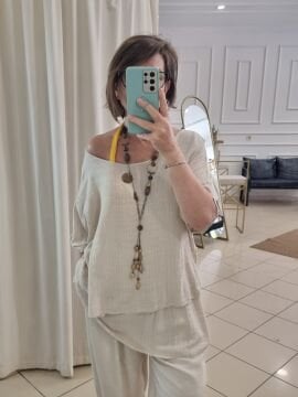 İncecik Pamuklu Oversize Bej Bluz İtalyan