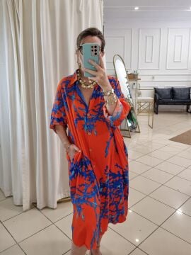 Turuncu Desenli Uzun Gömlek Elbise Tunik