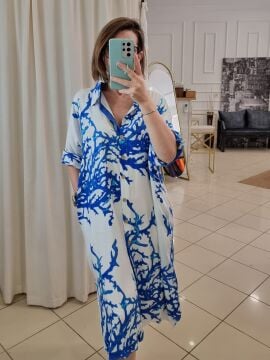 Desenli Beyaz Uzun Gömlek Elbise Tunik