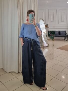 Kemerli Bol Paça Keten Pantolon Lacivert