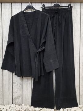 Kimono Ceketli Tencel Takım Siyah