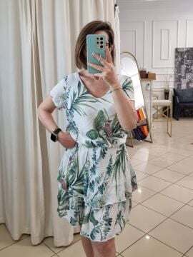 Pamuklu Desenli Kısa Kol Elbise Beyaz İtalyan