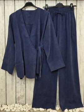 Kimono Ceketli Tencel Takım Lacivert
