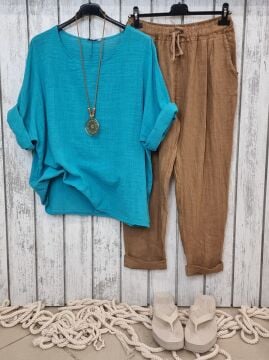 Oversize İtalyan Müslin Bluz Turkuaz