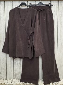 Kimono Ceketli Tencel Takım Vizon Kahve