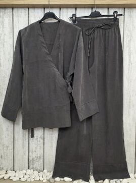 Kimono Ceketli Tencel Takım Gri