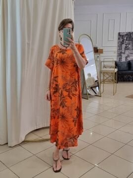 Desenli  İtalyan Uzun Koton Elbise Turuncu