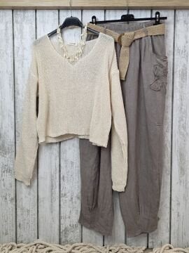 Paçası Dikişli İtalyan Keten Pantolon Vizon