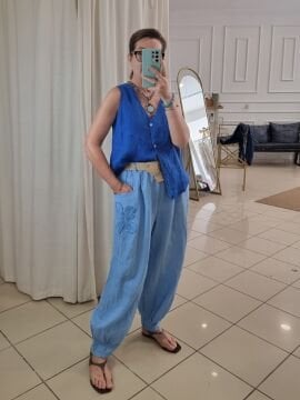 Hasır Kemer İtalyan Keten Pantolon Mavi