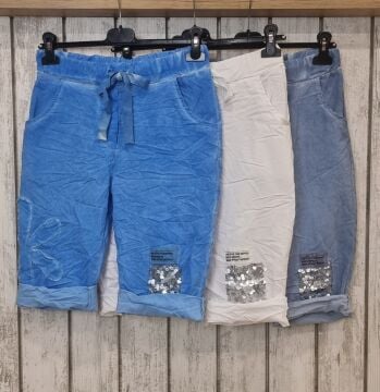 Payetli Likralı İtalyan Denim Mavi Bermuda Şort