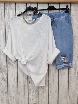 Payetli Likralı İtalyan Denim Mavi Bermuda Şort