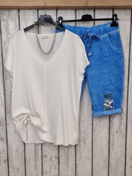 Payetli Likralı İtalyan Mavi Bermuda Şort