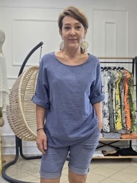 Likralı İtalyan Denim Mavi Şort