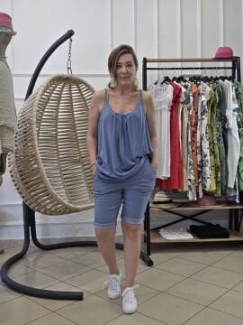 Likralı İtalyan Denim Mavi Şort