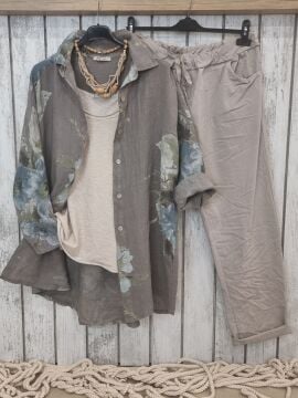 Uzun Kol Desenli Keten Gömlek Vizon İtalyan