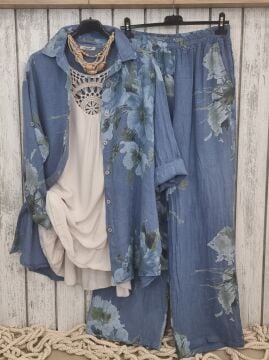 Uzun Kol Desenli Keten Gömlek Denim İtalyan