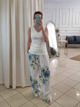 Düz Kesim Desenli Keten Pantolon Beyaz