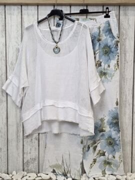 Düz Kesim Desenli Keten Pantolon Beyaz