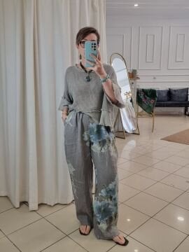 Düz Kesim Desenli Keten Pantolon Vizon