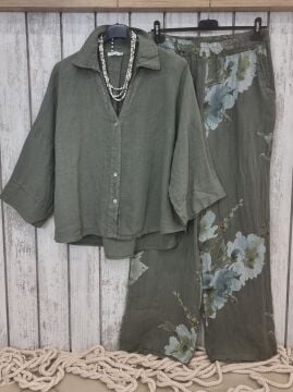 Düz Kesim Desenli Keten Pantolon Haki