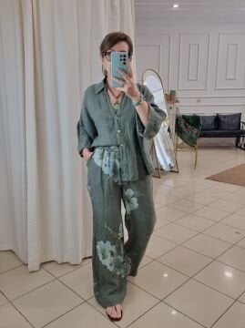 Düz Kesim Desenli Keten Pantolon Haki