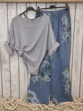 Düz Kesim Desenli Keten Pantolon Denim