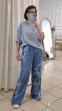 Düz Kesim Desenli Keten Pantolon Denim