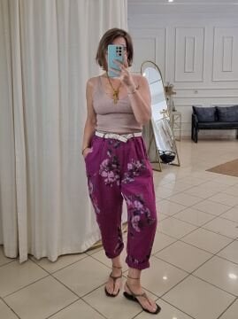 Havuç Kesim Keten Desenli Pantolon Mürdüm