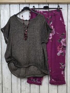 Havuç Kesim Keten Desenli Pantolon Mürdüm