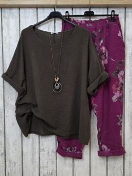 Havuç Kesim Desenli Keten Pantolon Mürdüm