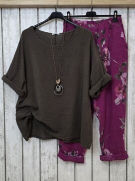 Havuç Kesim Desenli Keten Pantolon Mürdüm