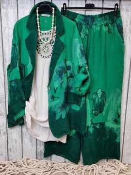 Oversize Desenli Yeşil Keten Ceket