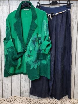 Oversize Desenli Yeşil Keten Ceket