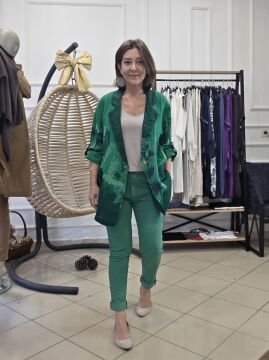 Oversize Desenli Yeşil Keten Ceket
