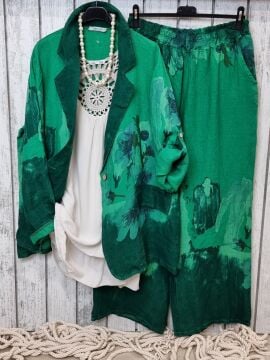 Düz Kesim Desenli Yeşil Keten Pantolon