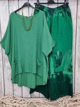 Düz Kesim Desenli Yeşil Keten Pantolon