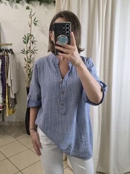 Oversize Pamuklu Çizgili Mavi Gömlek