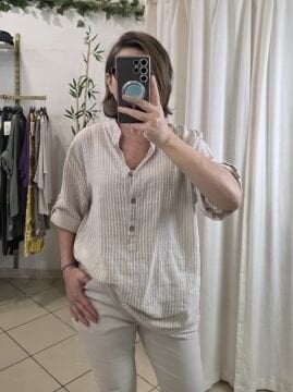 Oversize Pamuklu Çizgili Bej Gömlek