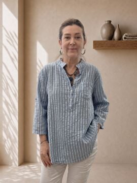 Oversize Pamuklu Çizgili Gömlek Bebe Mavi