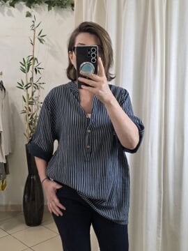 Oversize Pamuklu Çizgili Lacivert Gömlek