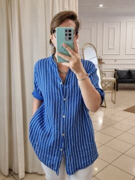 Oversize Pamuklu Boyuna Çizgili Gömlek Mavi