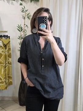 Oversize Pamuklu Çizgili Siyah Gömlek