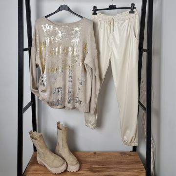 Deri Efekt Jogger Pantolon Ekru