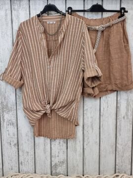 Oversize Pamuklu Boyuna Çizgili Gömlek Camel